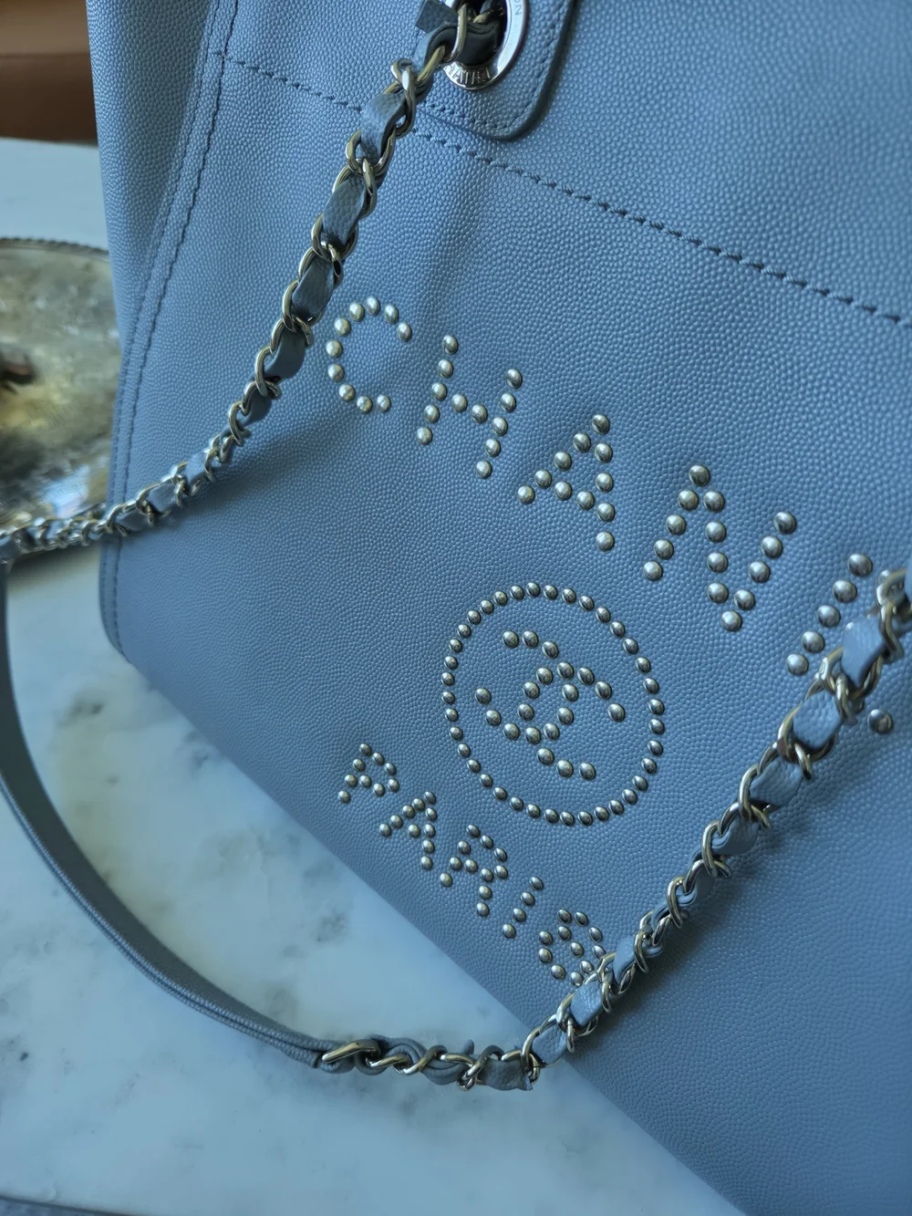 CHANEL gray studded